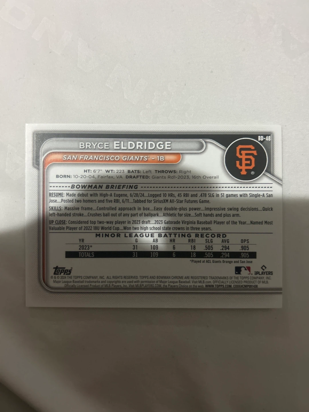 Bryce Eldridge 2023 Bowman Chrome San Francisco Giants Card - photo 2