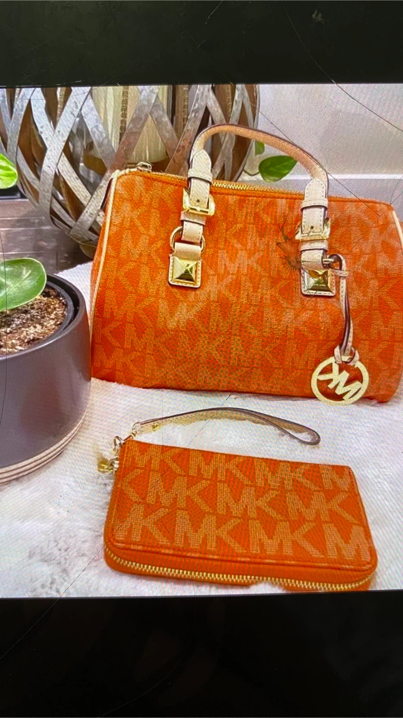 Michael Kors Orange MK Signature Satchel and Wallet Set
