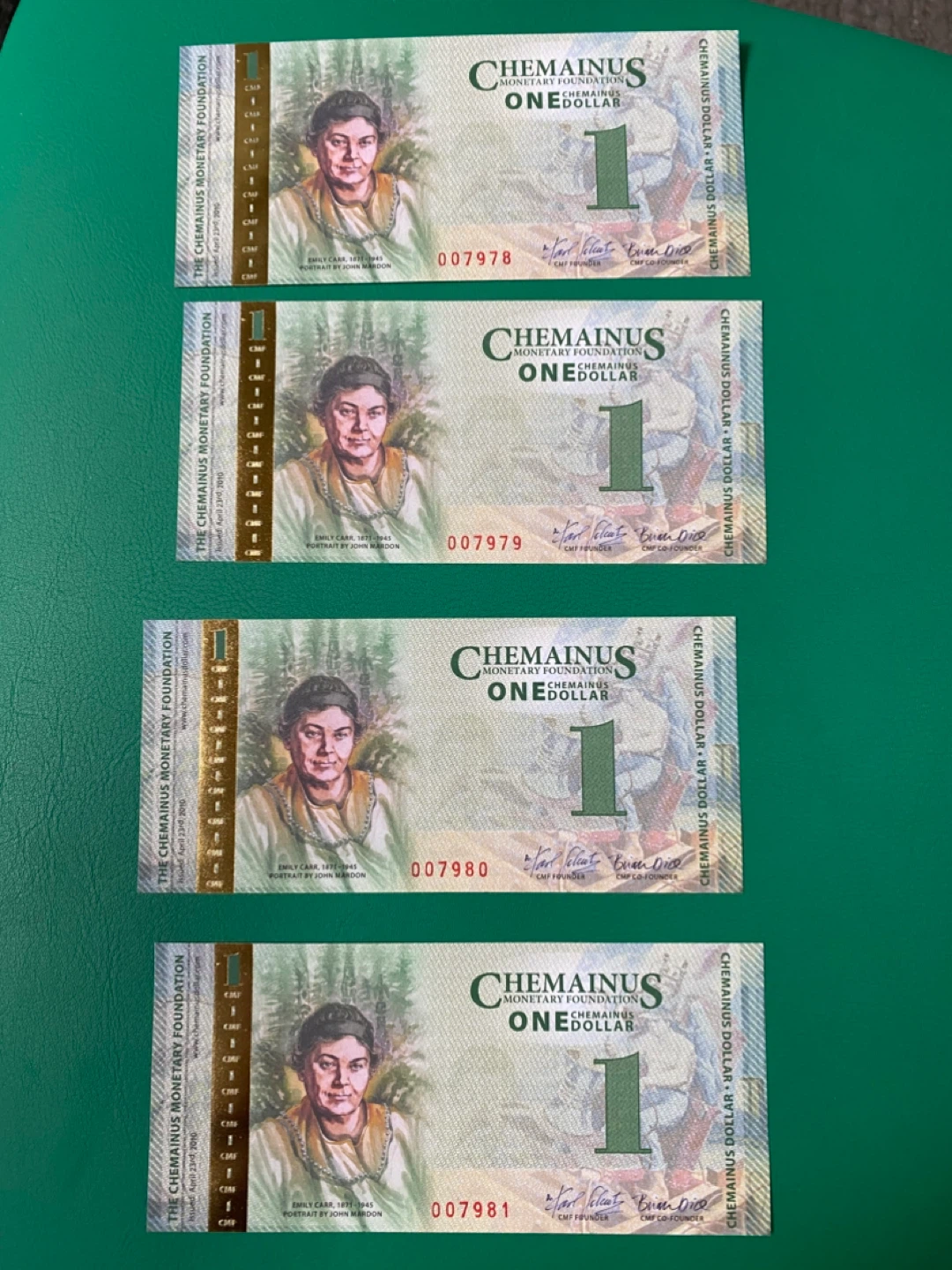 Uncirculated Chemainus  One Dollar Bills (4 pcs) - photo 2