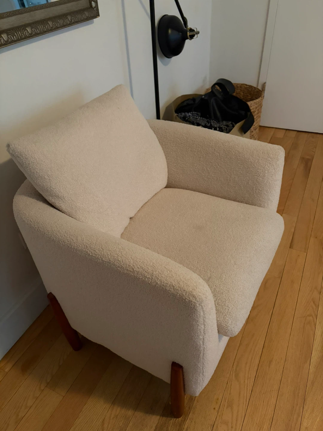 Cb2 Cream Boucle Armchair with Wooden Legs