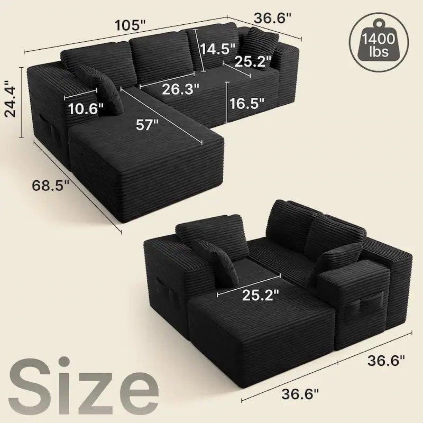 Black Corduroy Sectional Sofa