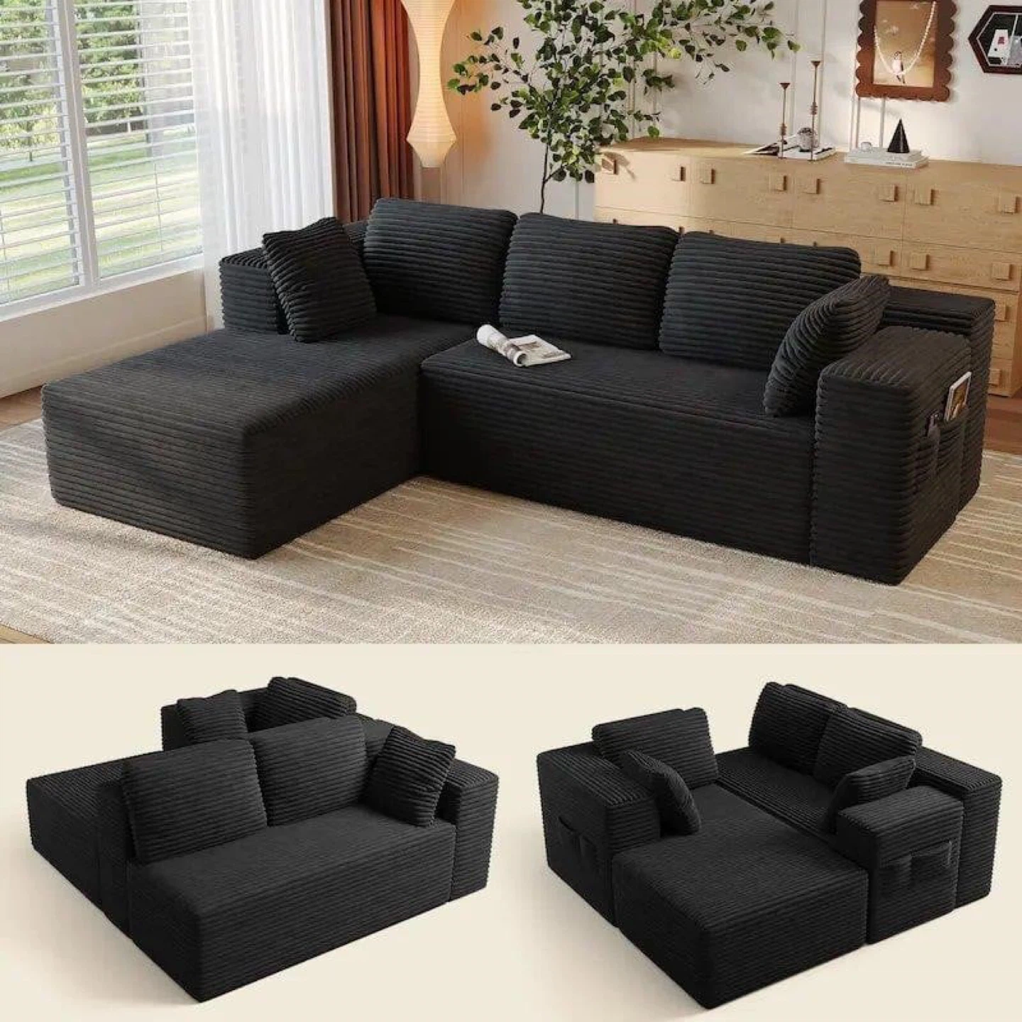 Black Corduroy Sectional Sofa - photo 2