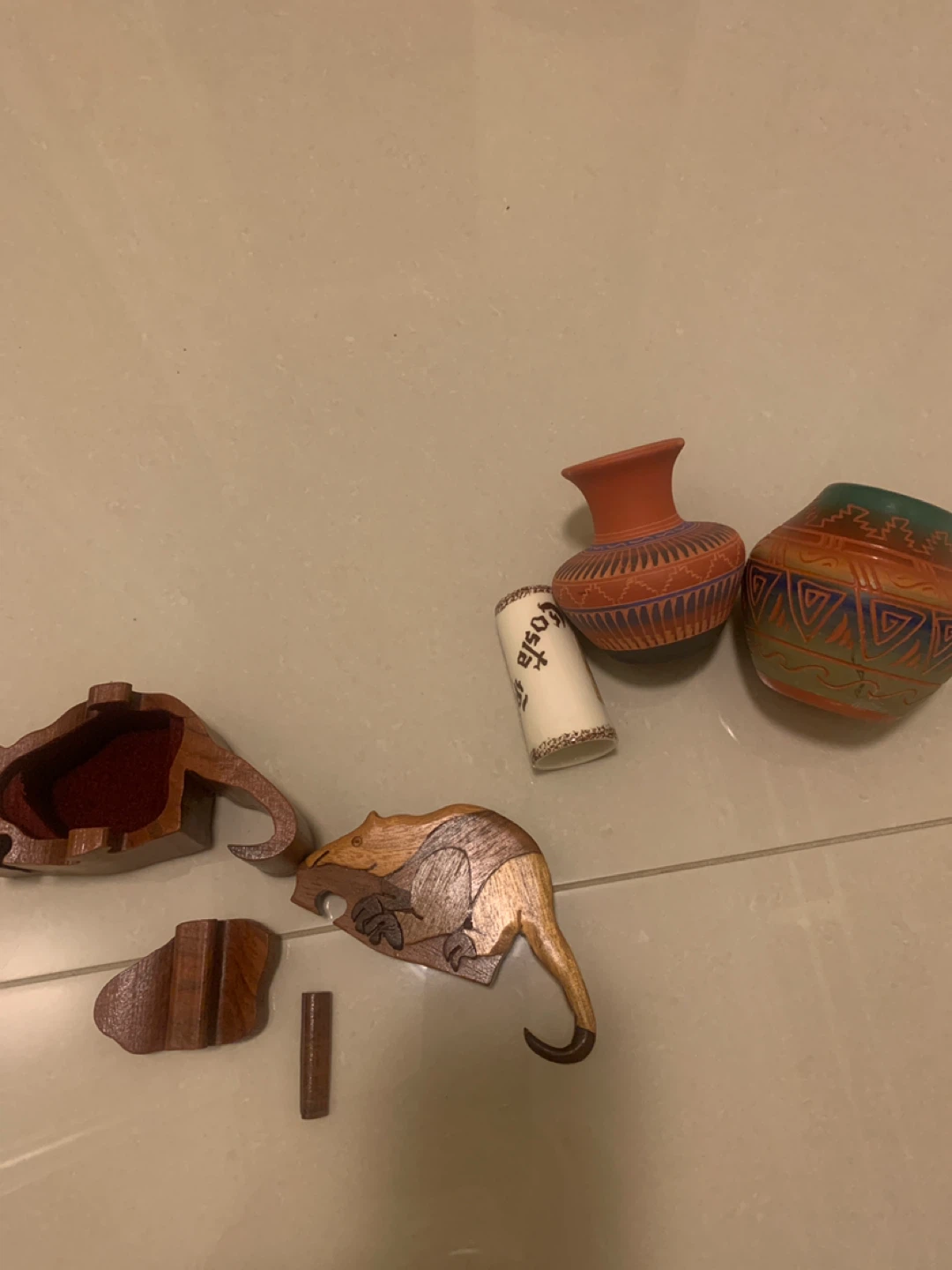 Wooden Kangaroo Puzzle Box and Mini Vases