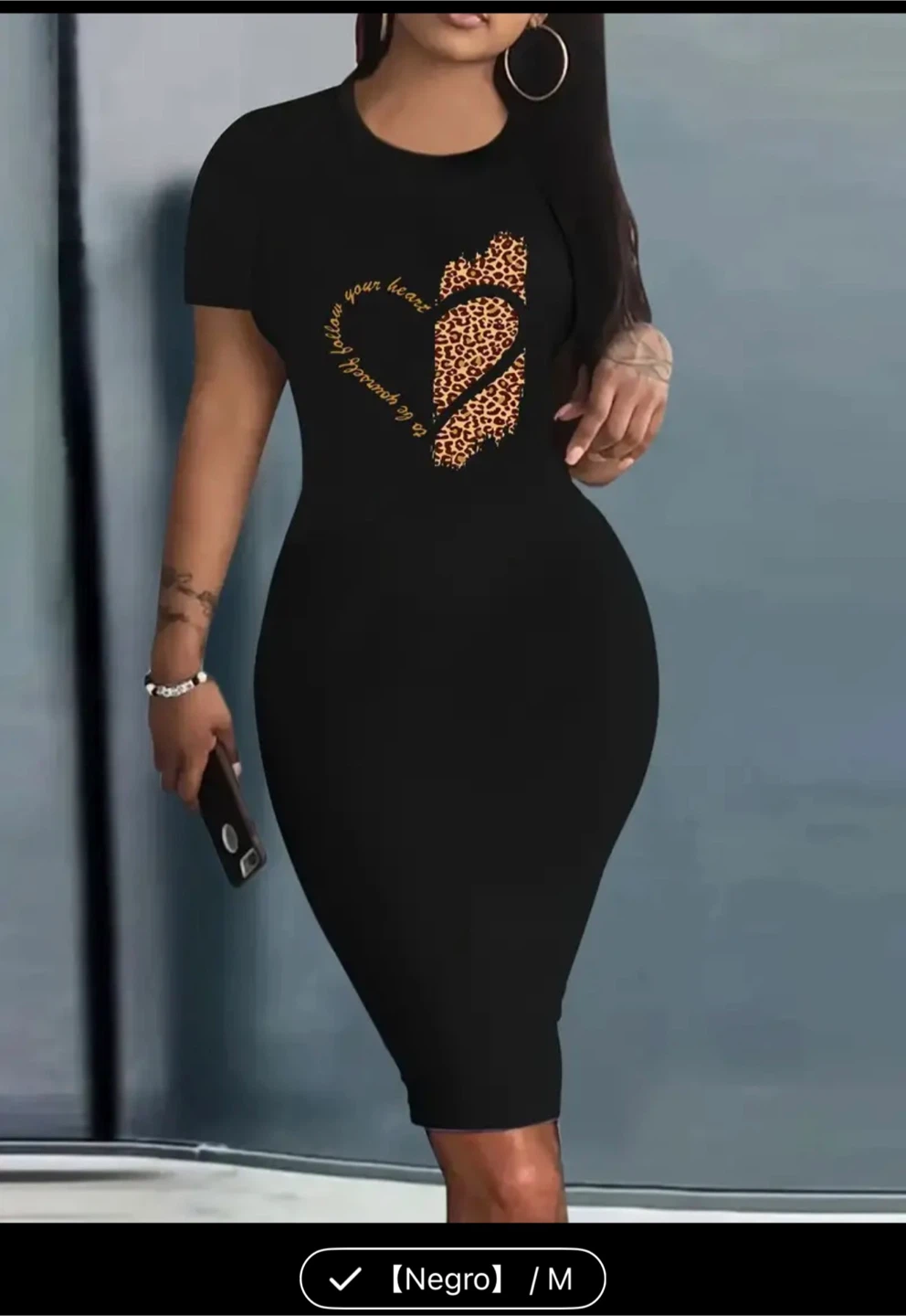 Size M-S Women's Black Midi Dress with Heart Print - Size M