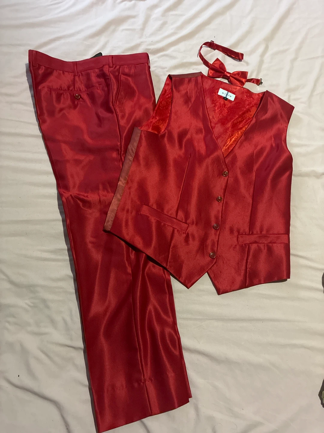 Red Satin Vest, Pants, and Bow Tie Set