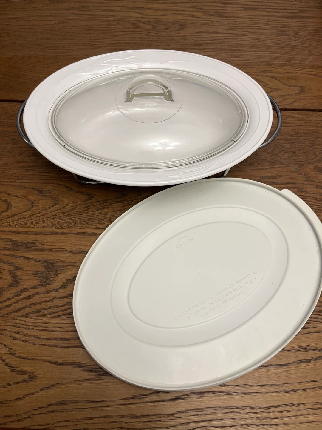 White Oval Casserole Dish with Glass Lid and Stand