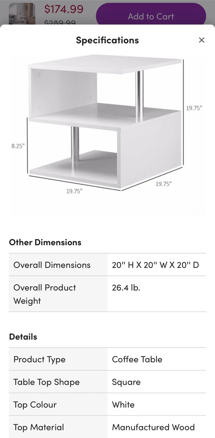 20” Wayfair white modern Coffee/ Side/ End Table - photo 5