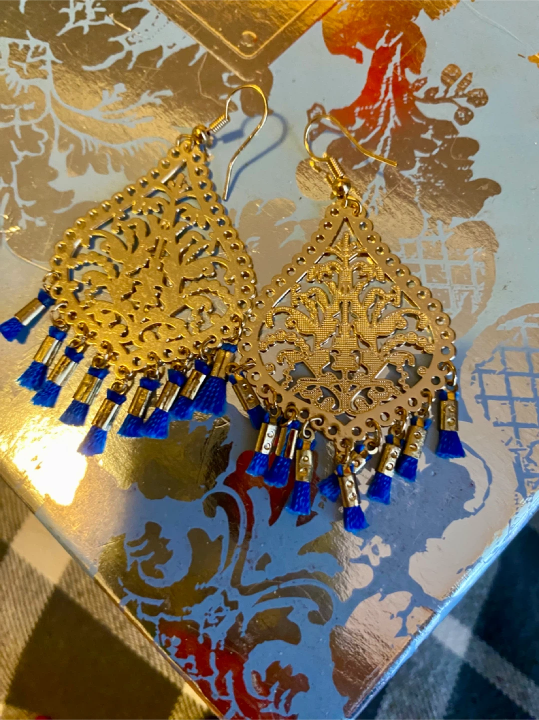 🥕Gold Filigree Drop Earrings with Blue Tassels - photo 2