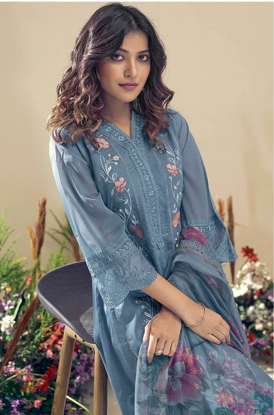 Blue Embroidered Salwar Kameez with Dupatta - photo 4
