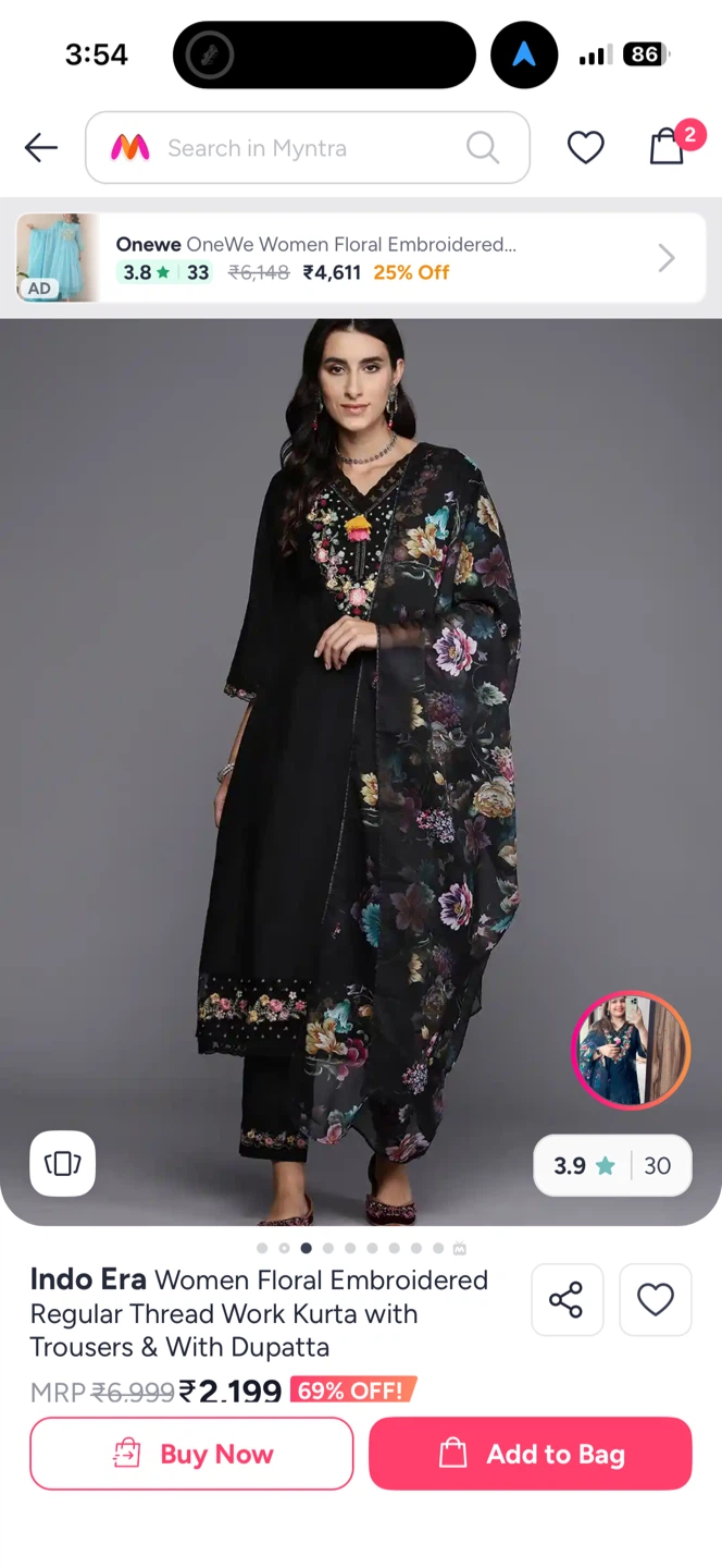 Indo Era Black Floral Embroidered Kurta with Trousers & Dupatta - photo 5