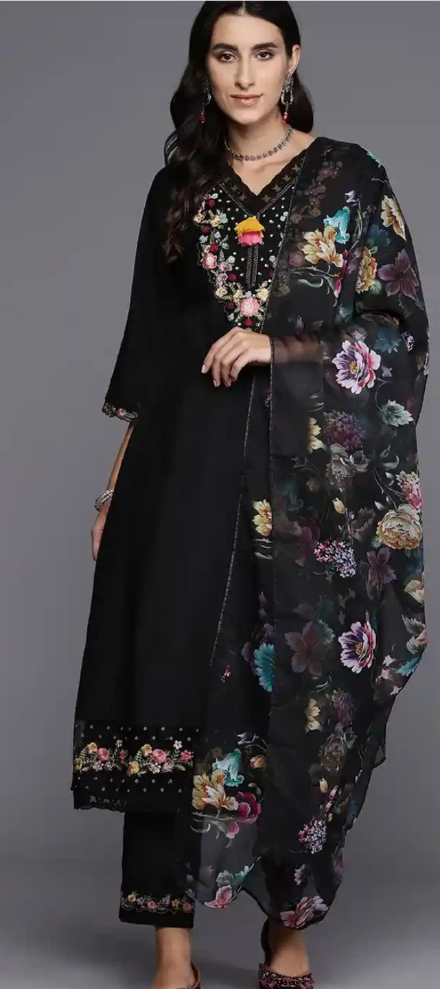 Indo Era Black Floral Embroidered Kurta with Trousers & Dupatta