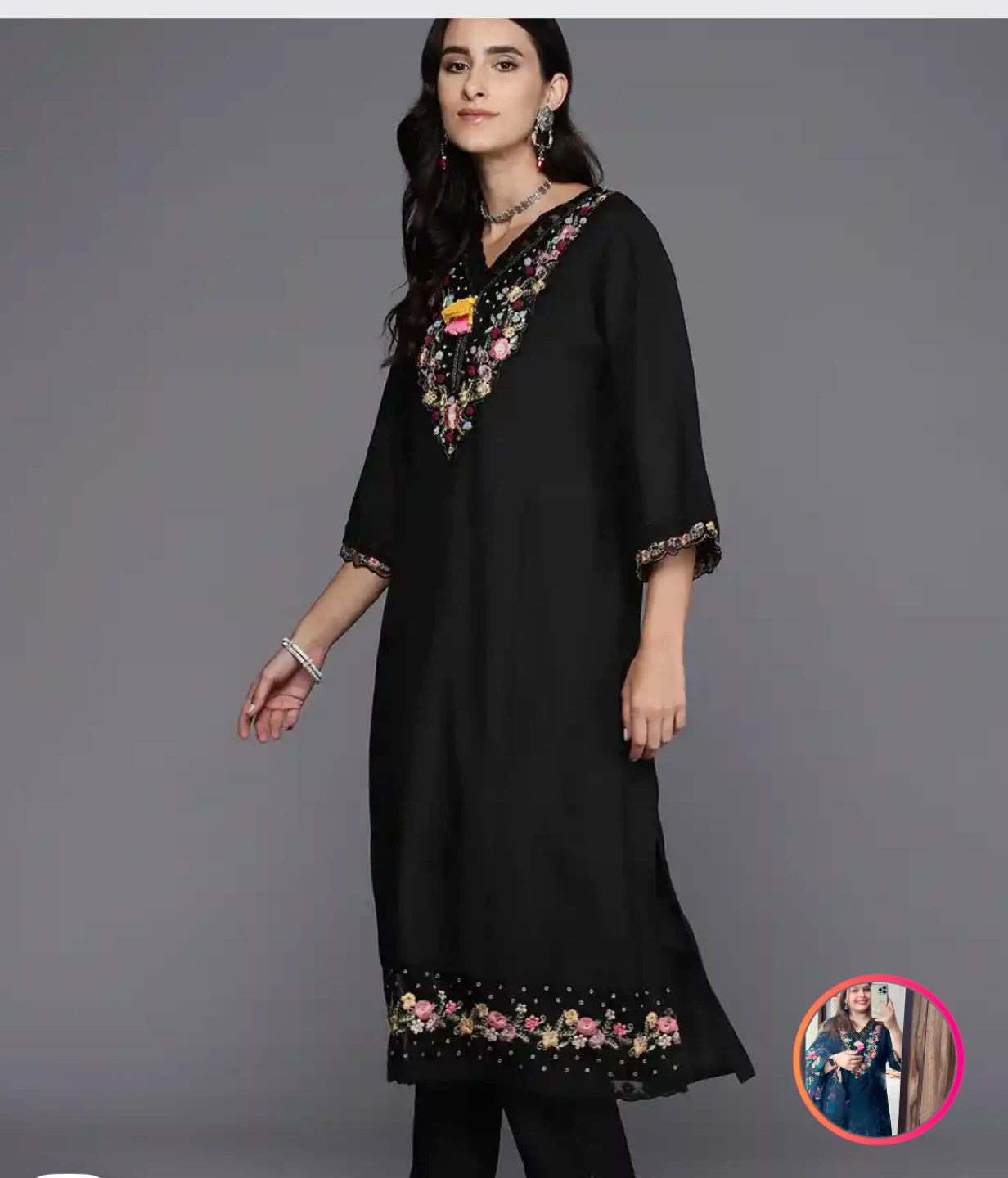Indo Era Black Floral Embroidered Kurta with Trousers & Dupatta - photo 2