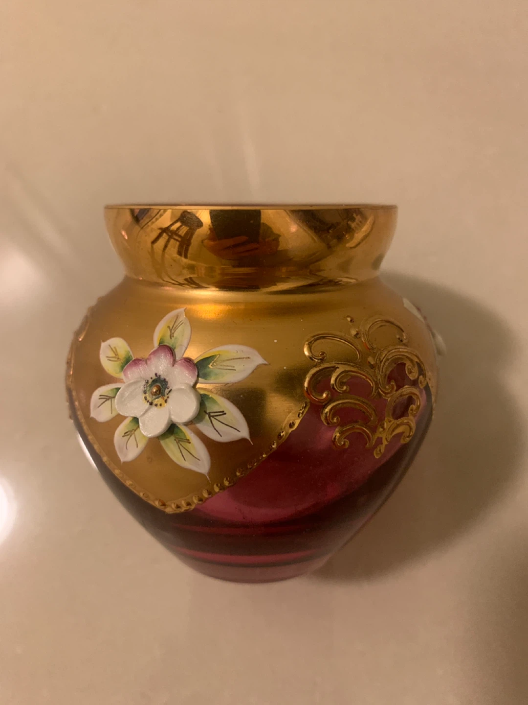 Vintage Gold and Red Floral Glass Vase