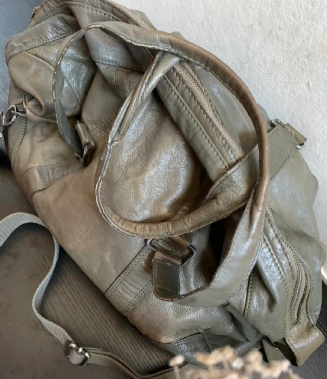 Duffle Bag-Vintage Leather Duffle Bag-Grey Green - photo 3