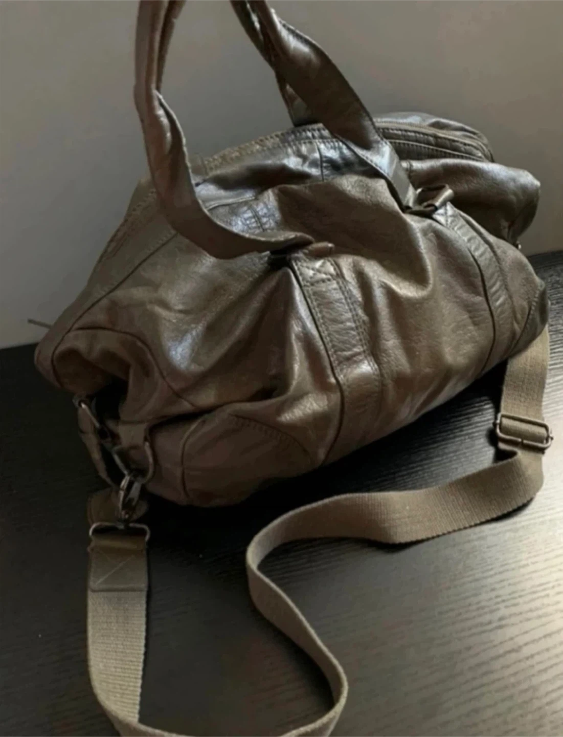 Duffle Bag-Vintage Leather Duffle Bag-Grey Green - photo 2