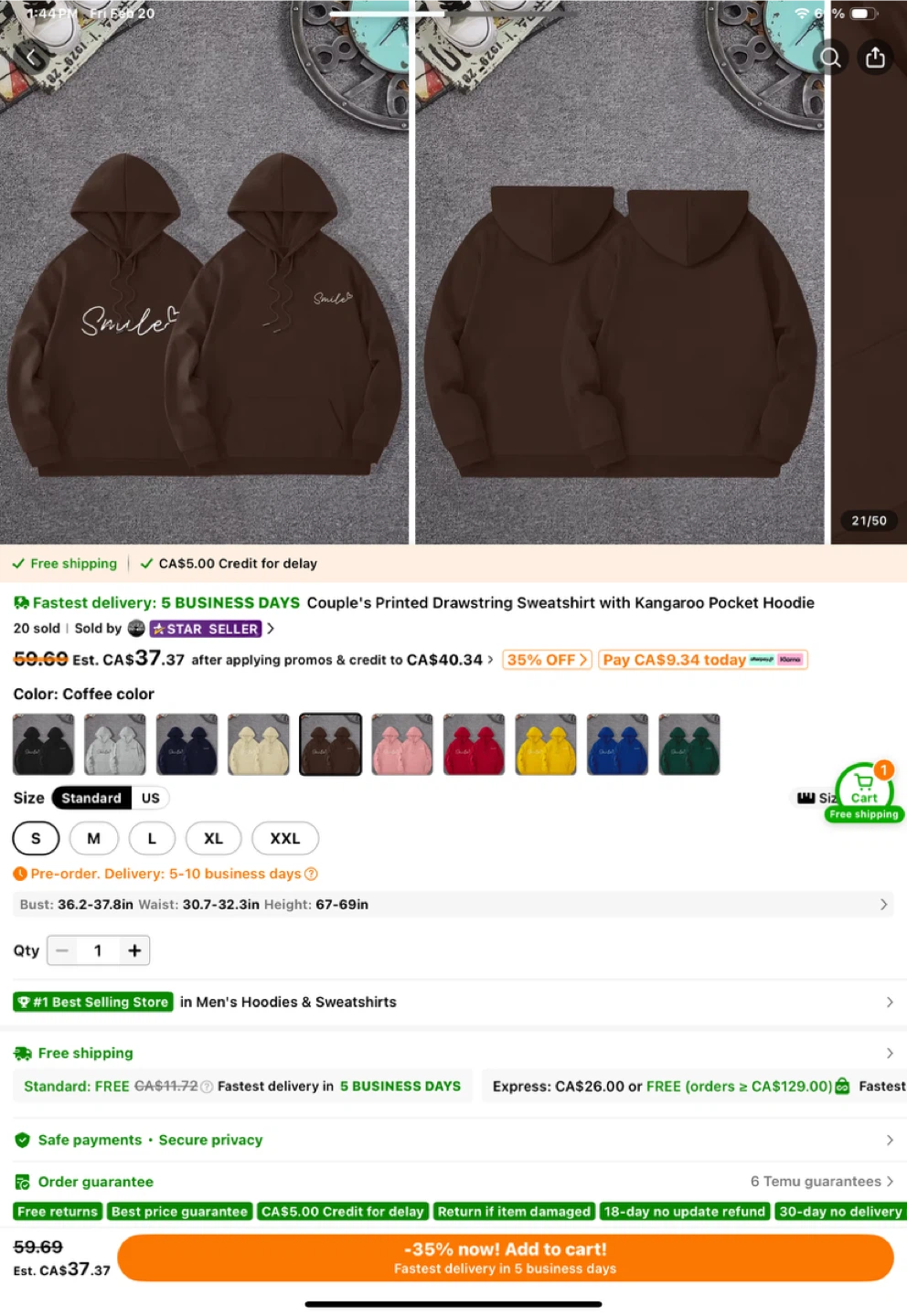Couple's Printed Drawstring Hoodie - Coffee Color
