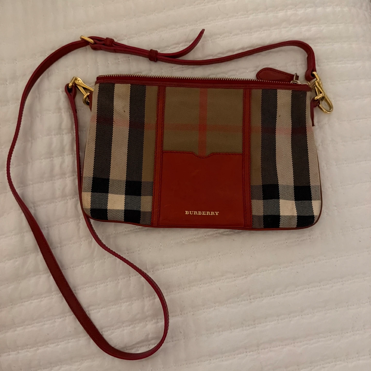 Burberry Haymarket Check Leather Crossbody Bag Red