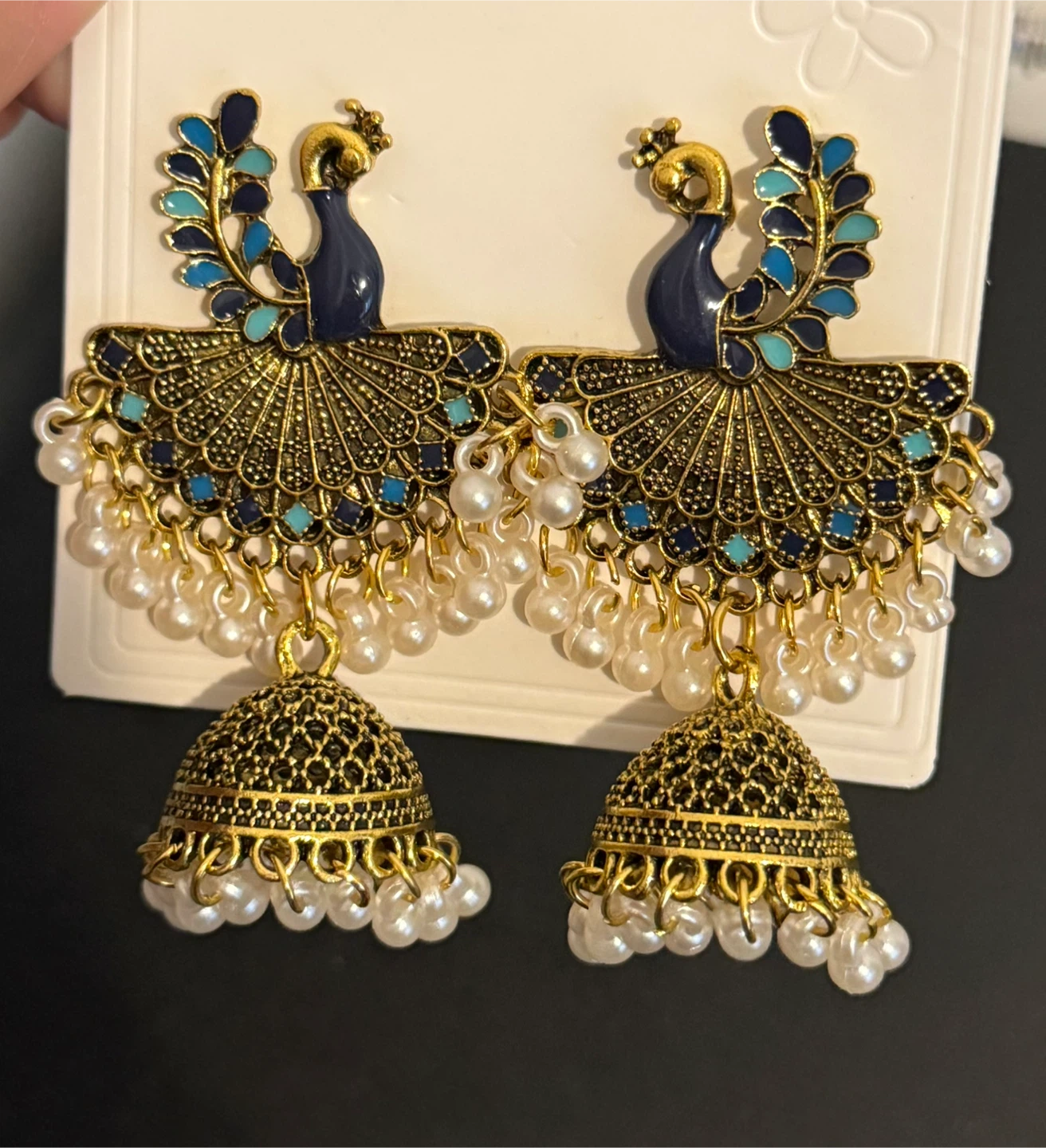 Gold Peacock oxidized Jhumka Earrings with White Pearls