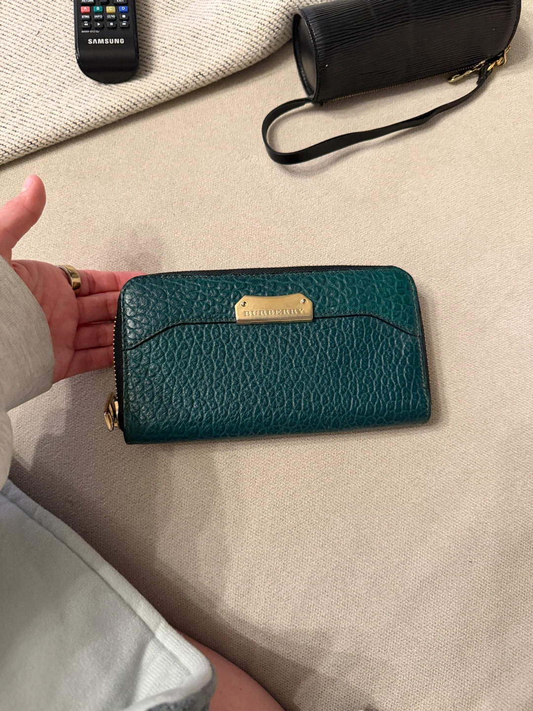 Burberry Teal Leather Zip Around Wallet