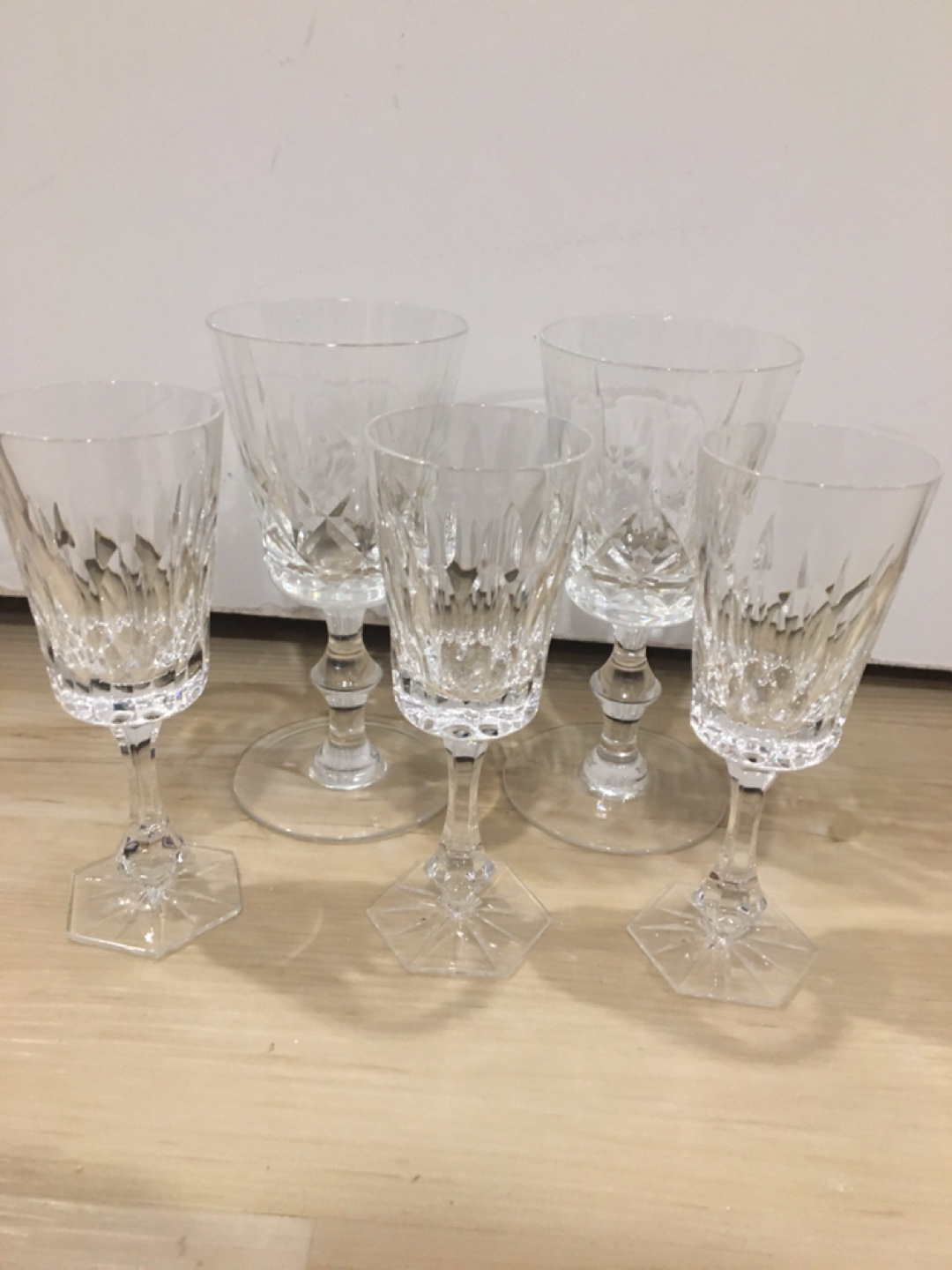 Set of 5 Clear Cut Glass Wine Glasses