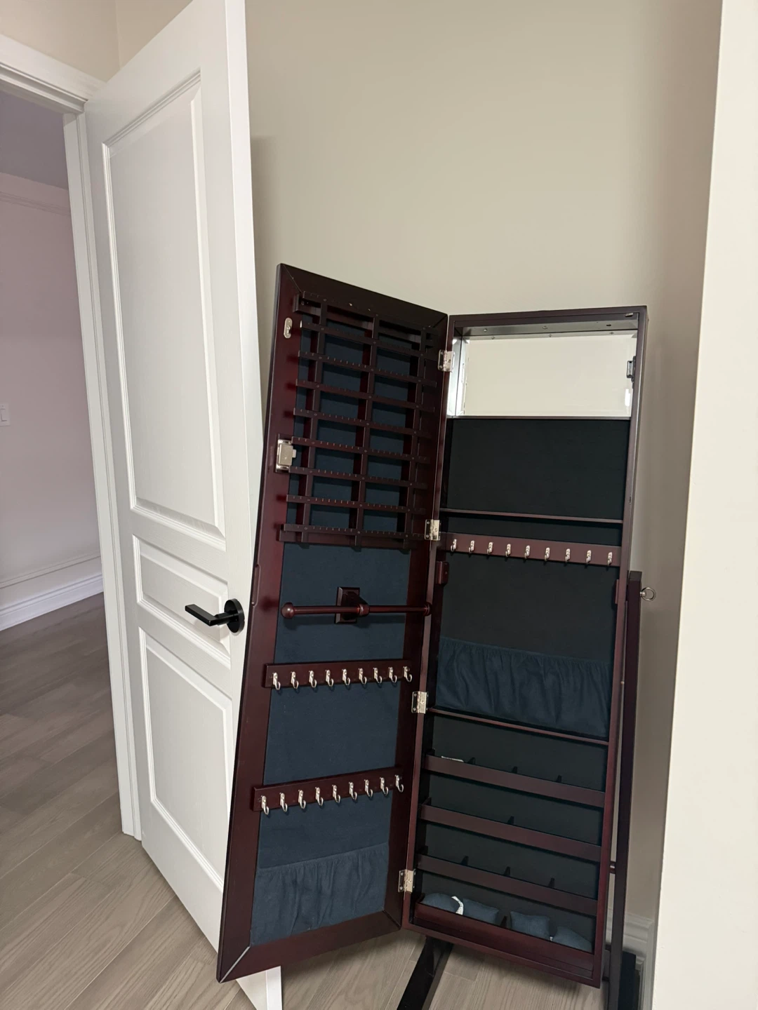 Dark Wood Standing Jewelry Armoire Mirror