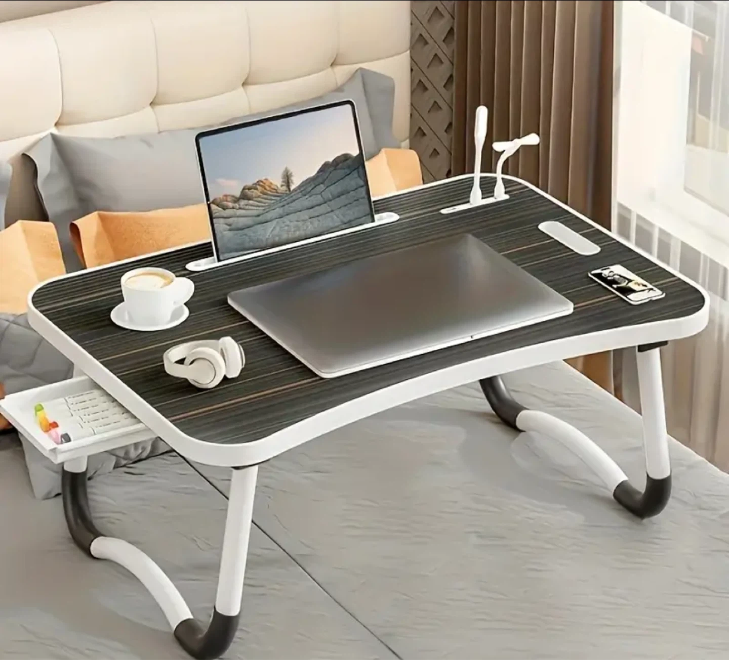 Portable Laptop Bed Tray with USB Fan and Light - photo 2