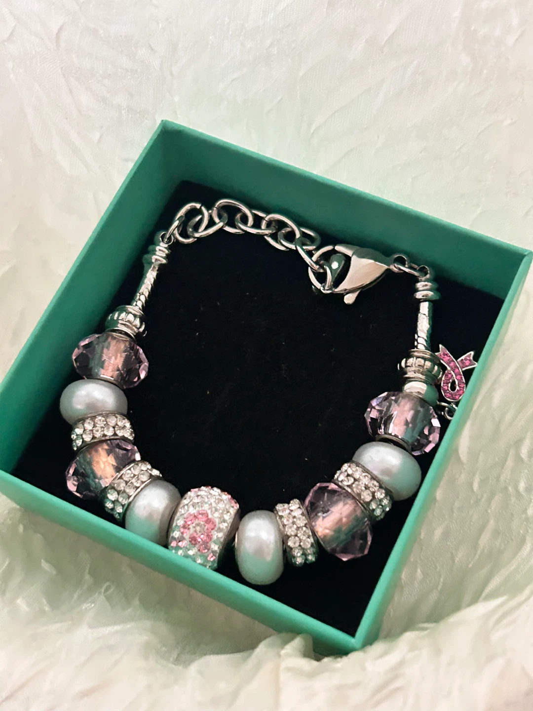 Bella Perlina Charm Bracelet with Pink Ribbon Accent