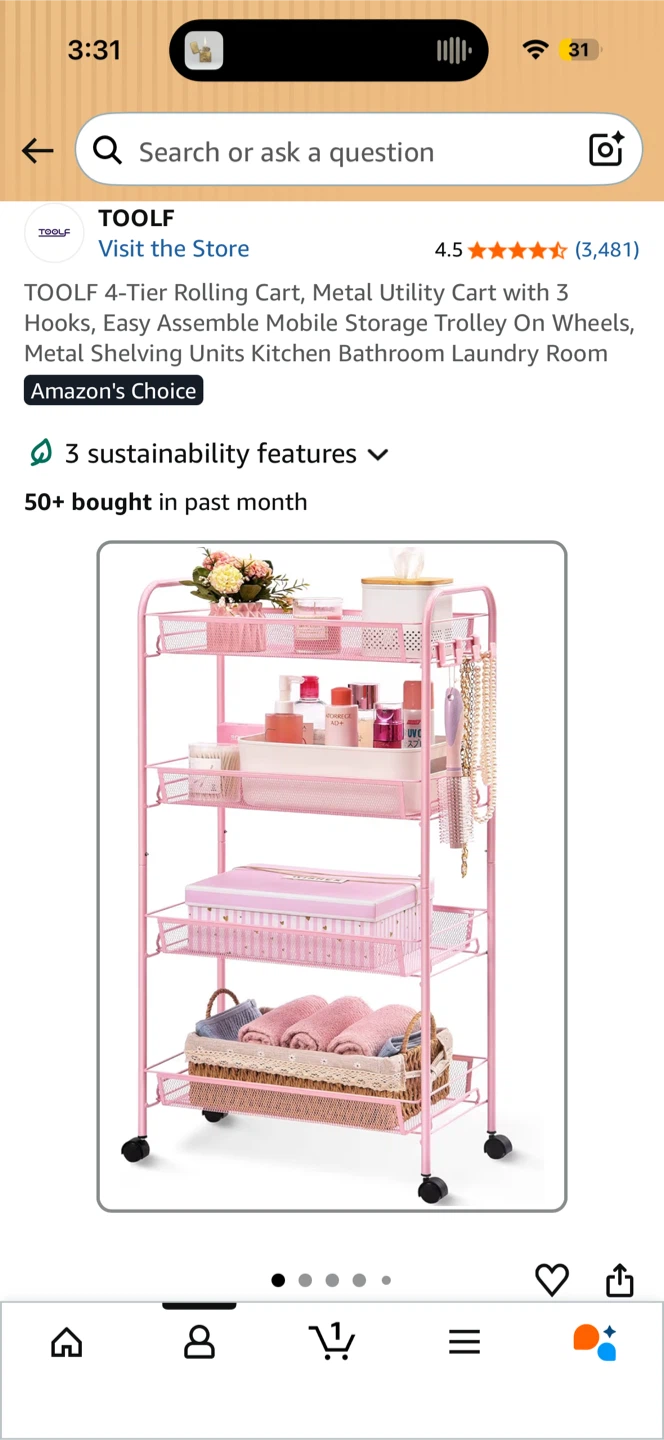 TOOLF 4-Tier Rolling Cart Pink