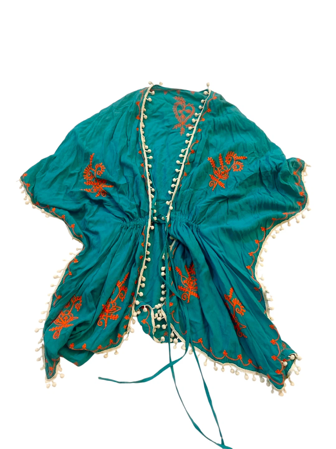 Teal Embroidered Kimono Cover-Up with Pom Poms