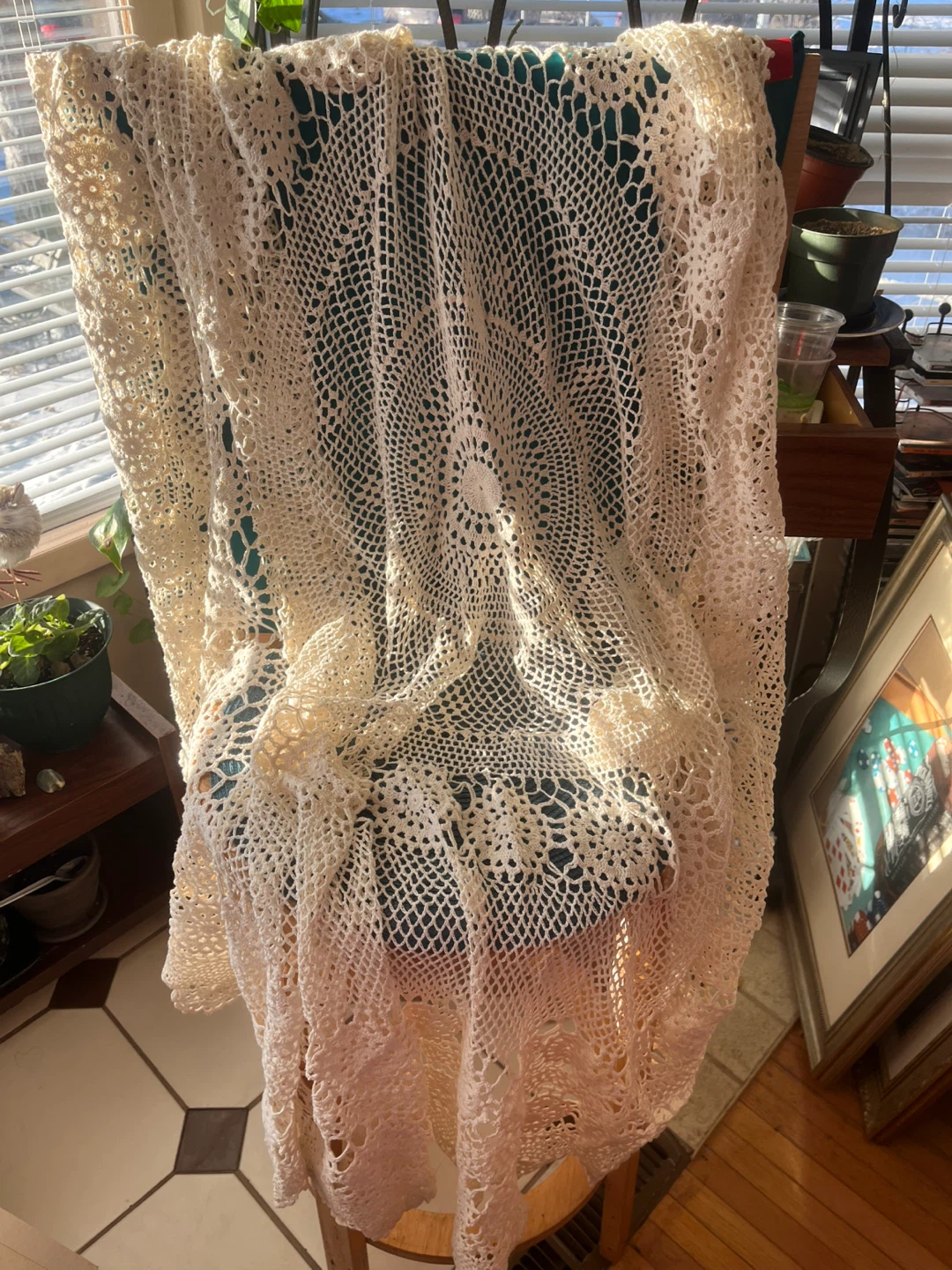 Handmade Crochet Lace Tablecloth/Throw, 68” diameter