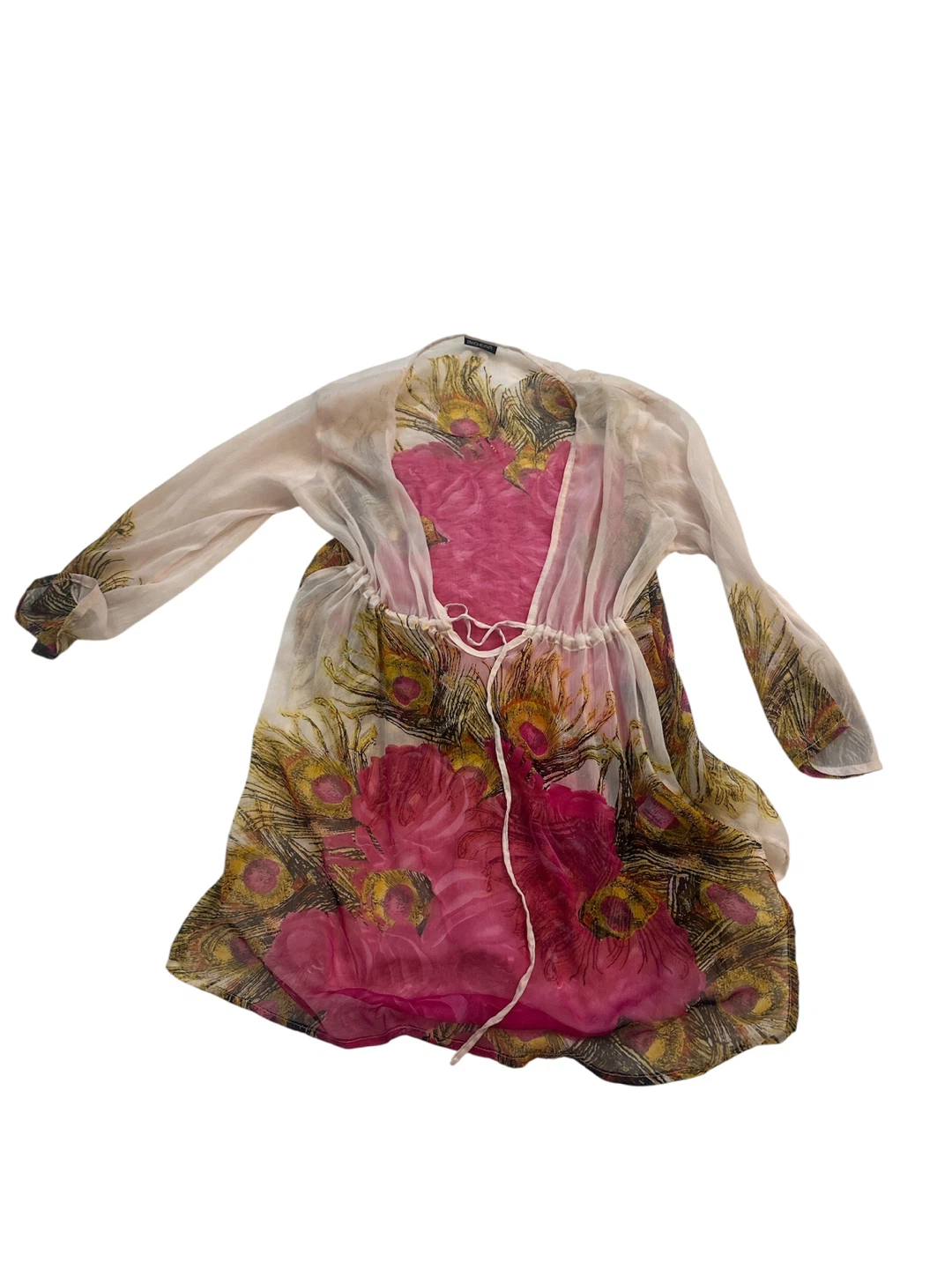 Sheer Peacock Feather Print Kimono Cover-up