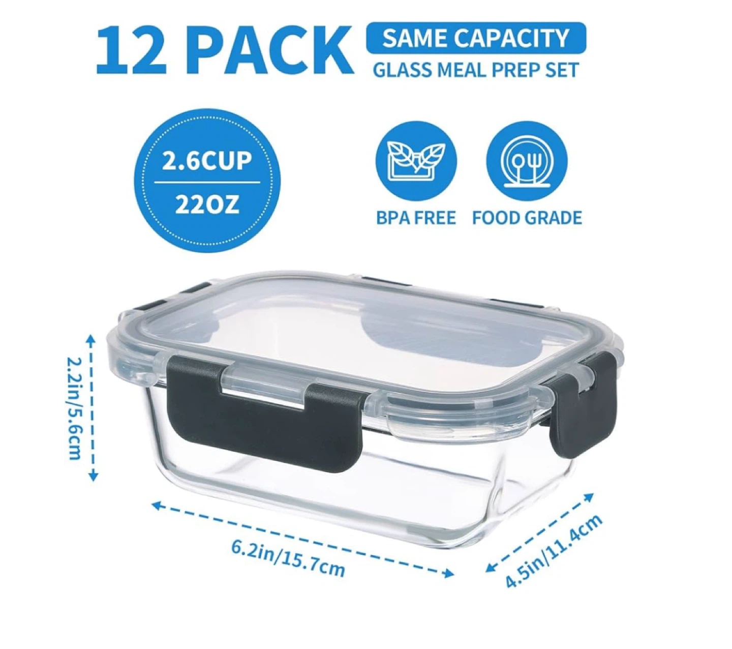12 Pack Glass Meal Prep Containers - 2.6 Cup - photo 2