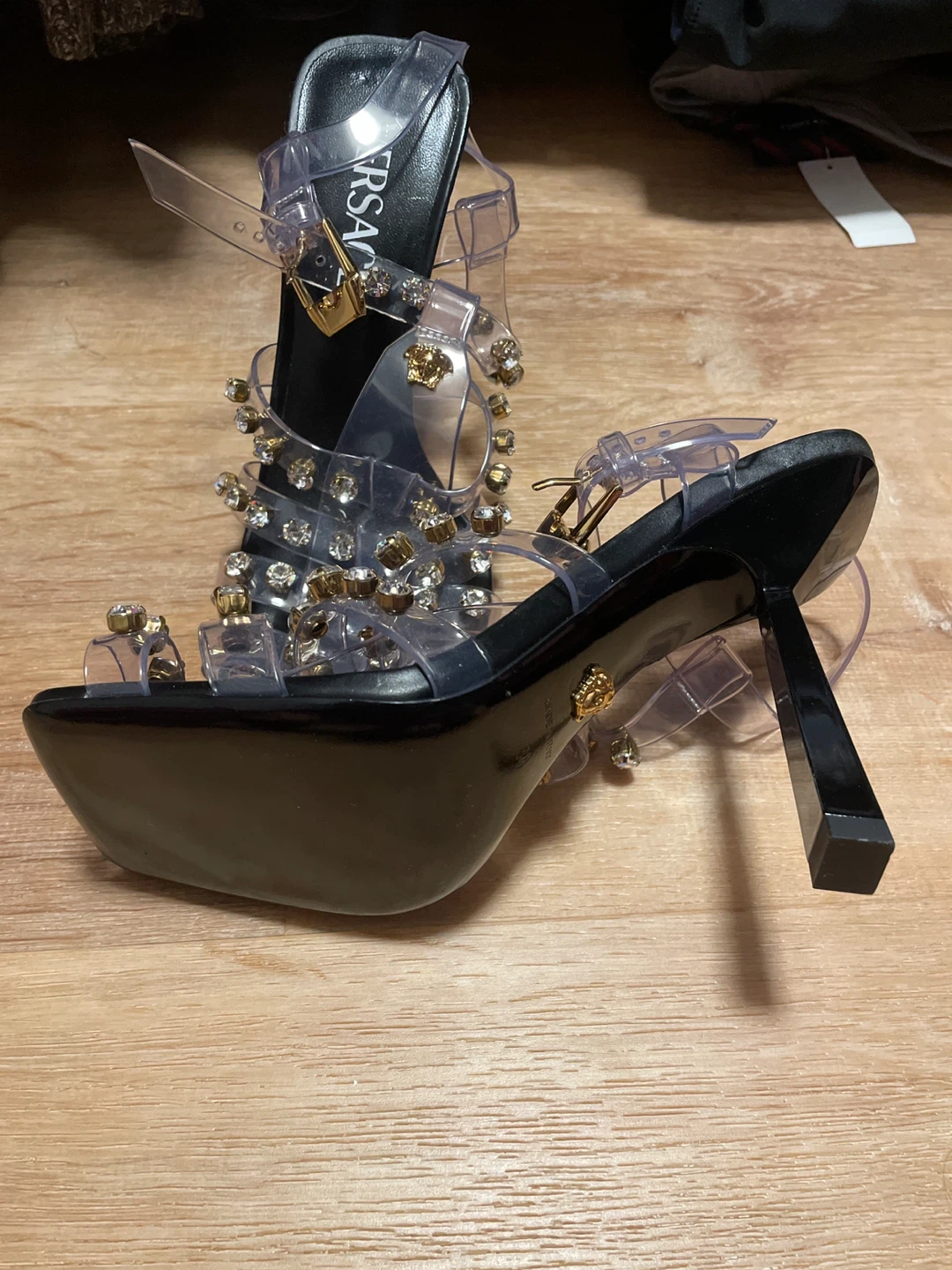 Versace Embellished Clear Strap Heels - photo 2