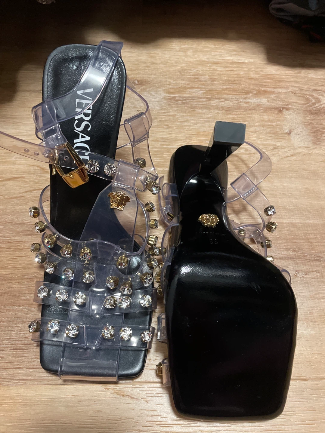Versace Embellished Clear Strap Heels - photo 3
