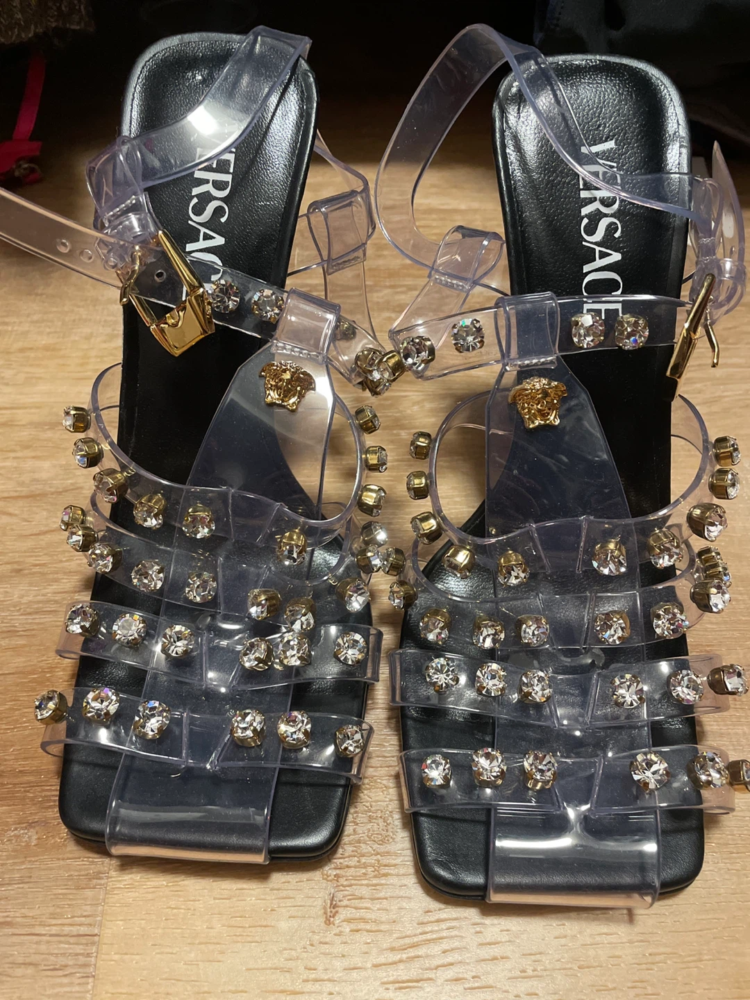 Versace Embellished Clear Strap Heels