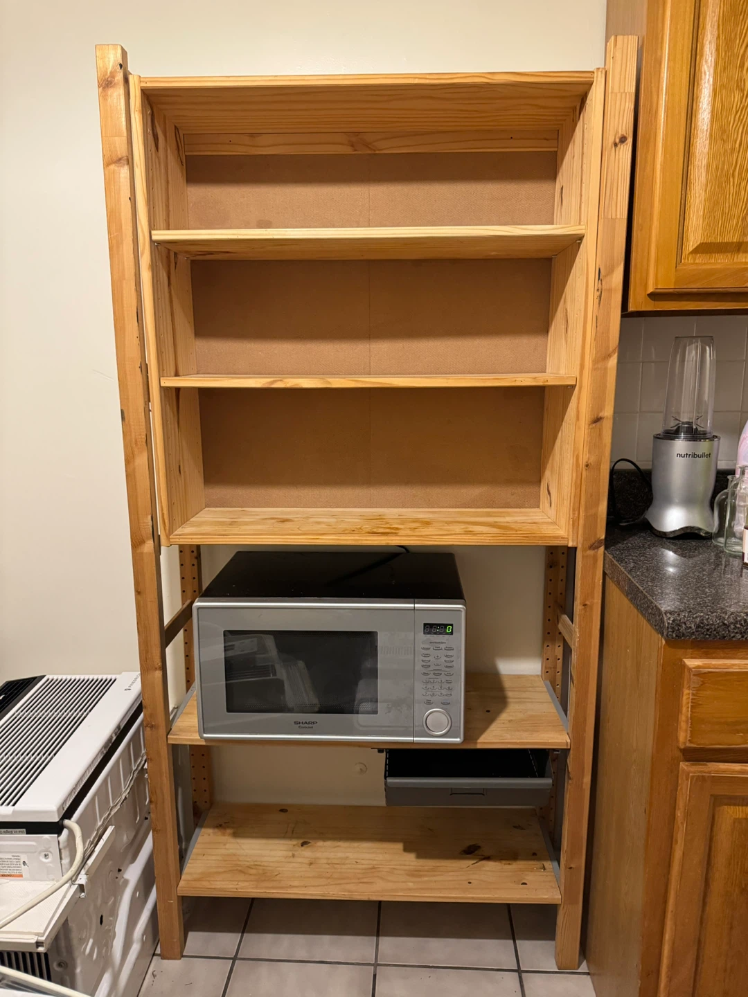Wooden Shelving Unit with Hooks and Drawer