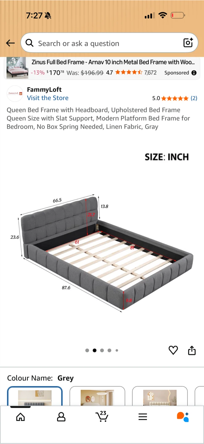Queen Upholstered Bed Frame with Headboard - Grey - photo 2