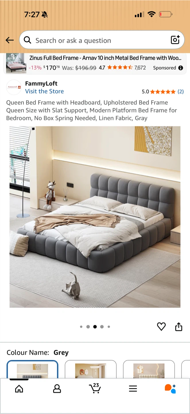 Queen Upholstered Bed Frame with Headboard - Grey