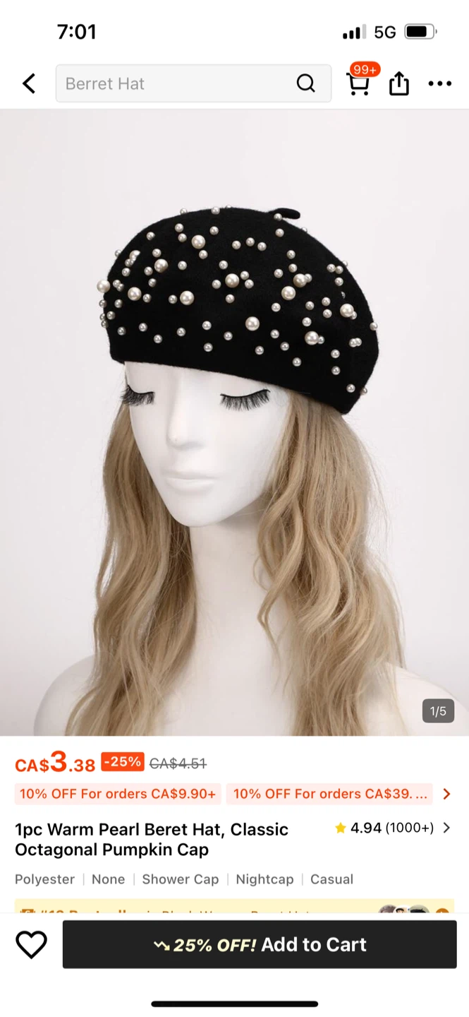 Black Beret Hat with Pearls - photo 3