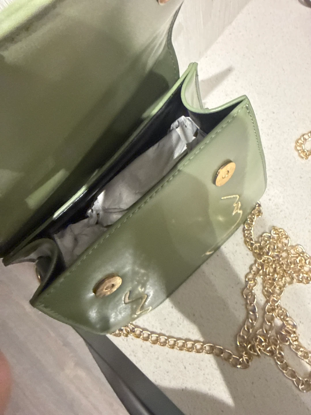 Olive Green Faux Leather Handbag with Gold Chain Strap - photo 2