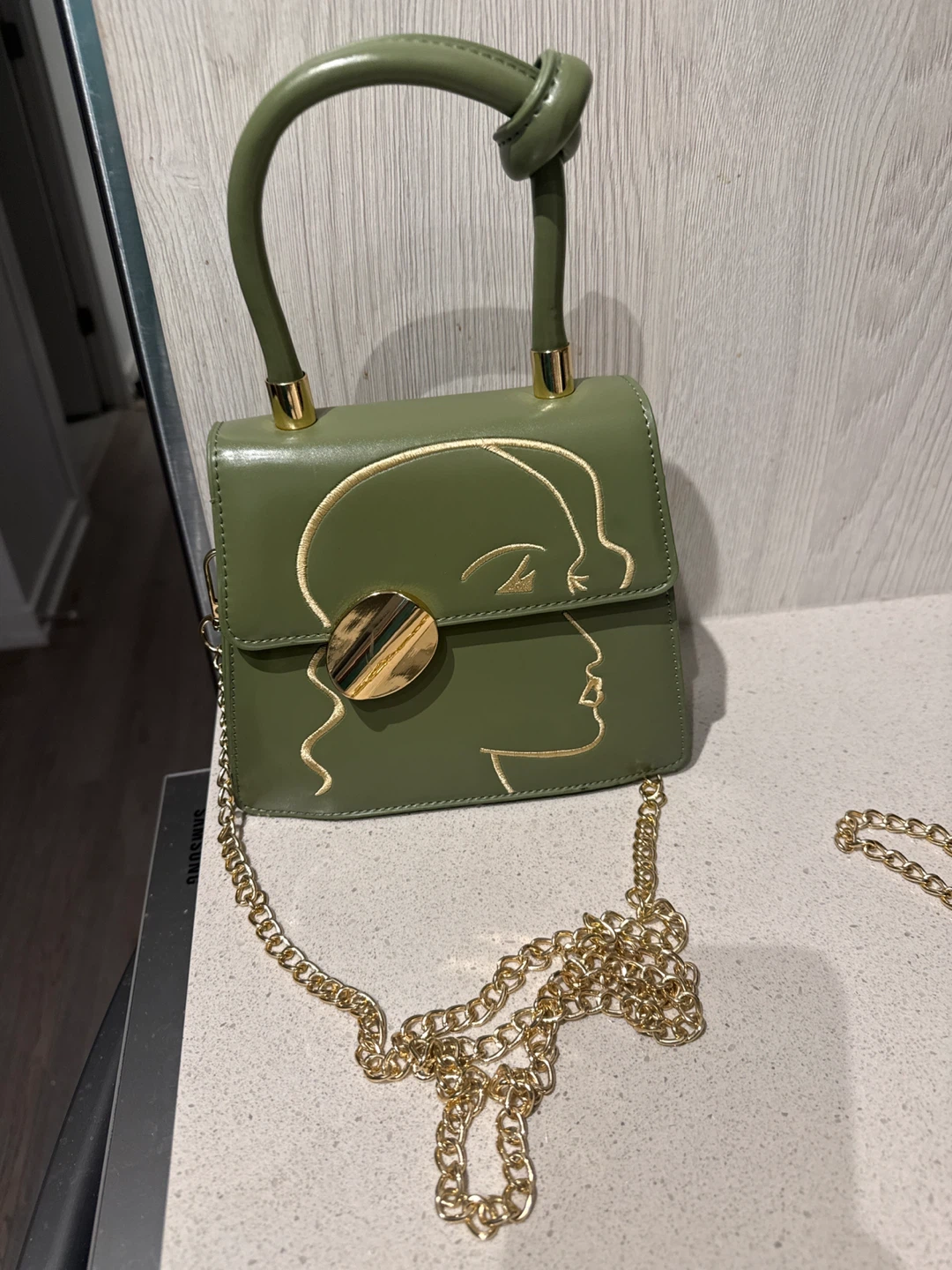 Olive Green Faux Leather Handbag with Gold Chain Strap