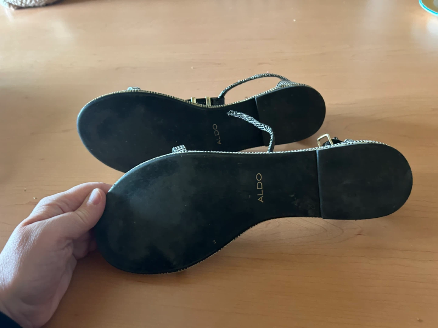 10 size ALDO Women's Black and White Patterned Flat Sandals - photo 5