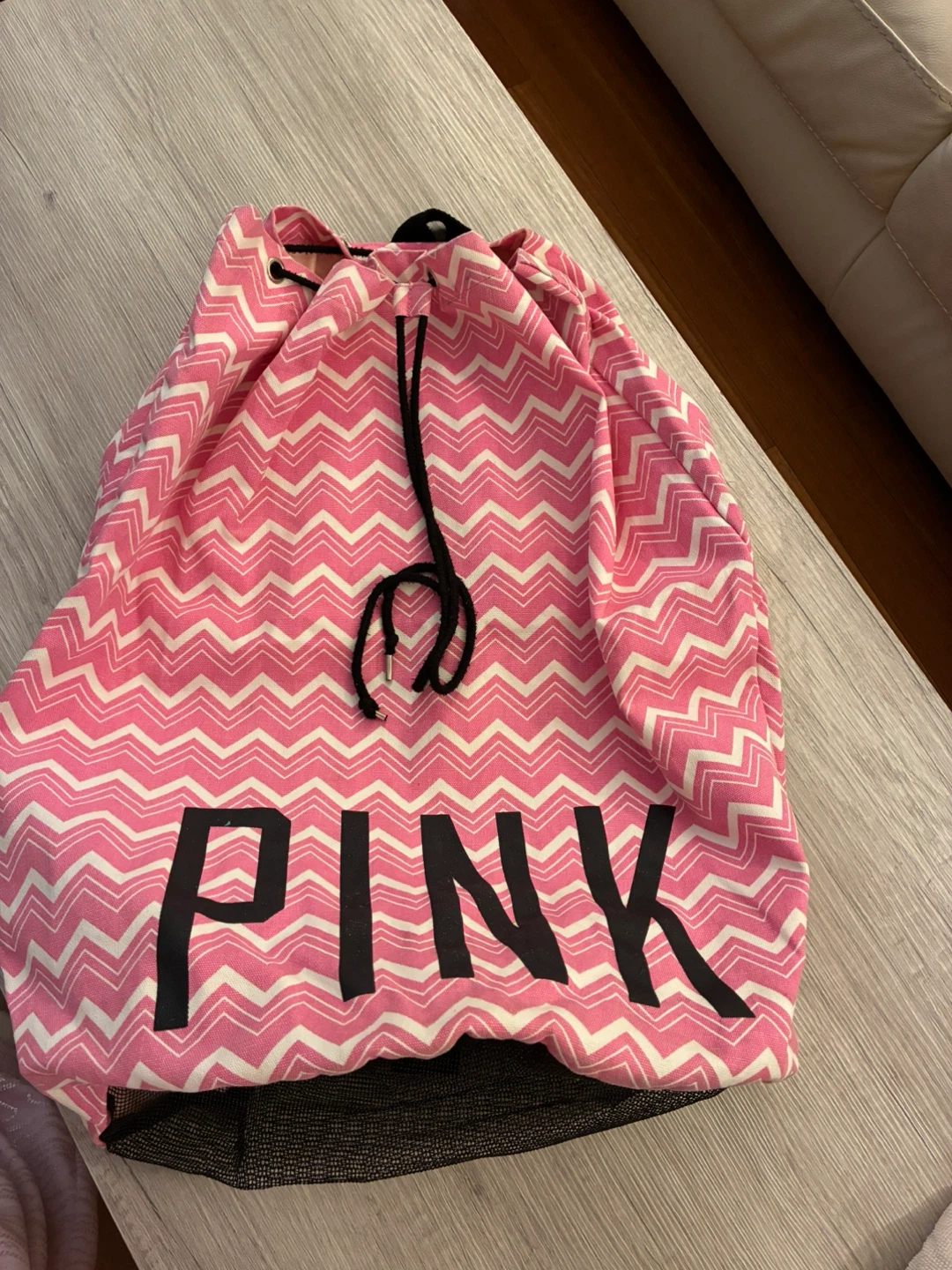 PINK Drawstring Bag - Pink Chevron