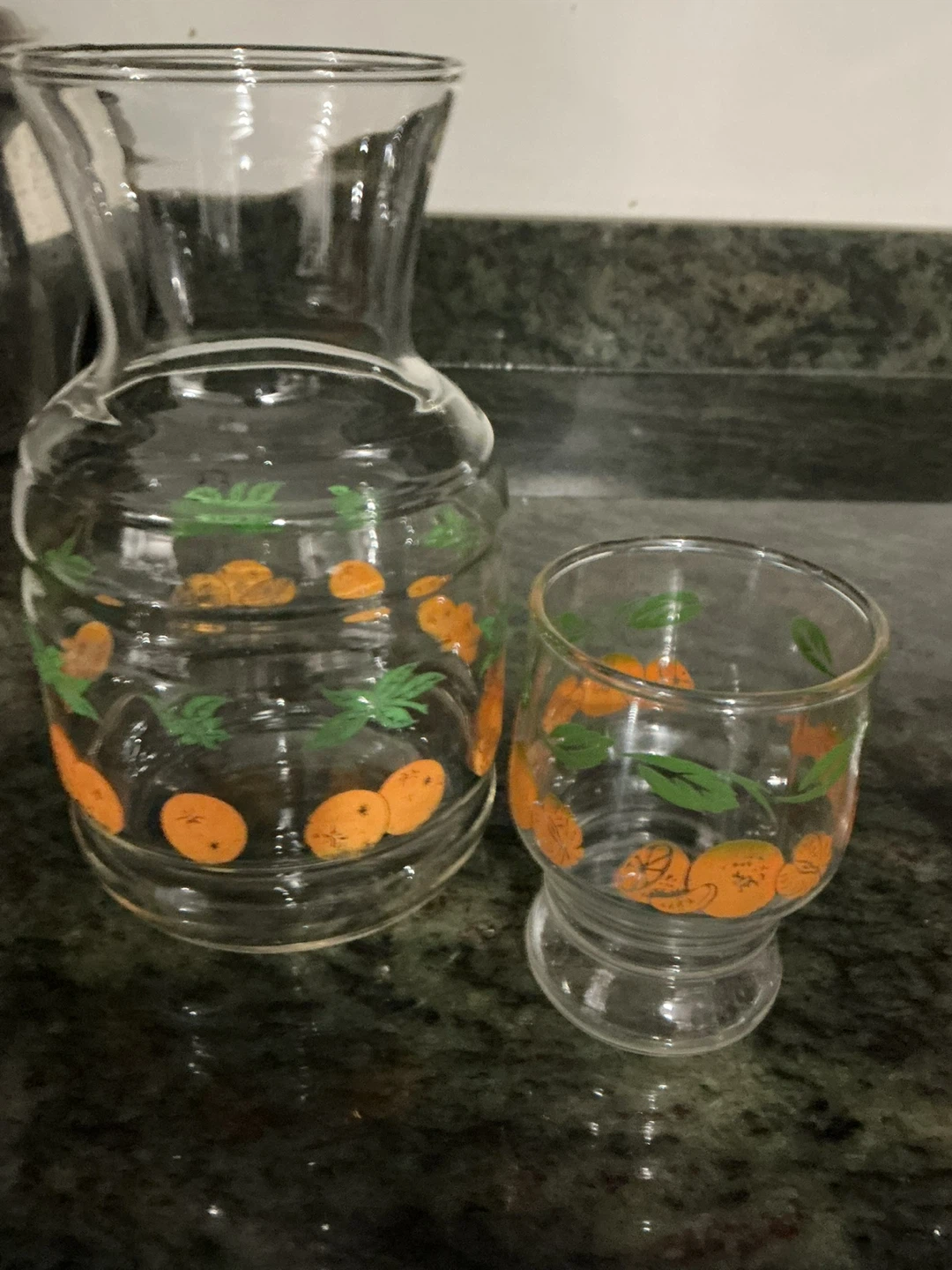 Glass Pitcher and Tumblers Set with Orange Design