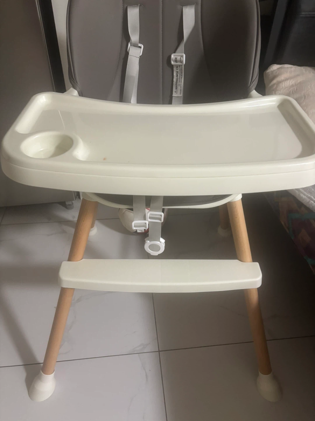 Grey and White Baby High Chair with Wooden Legs