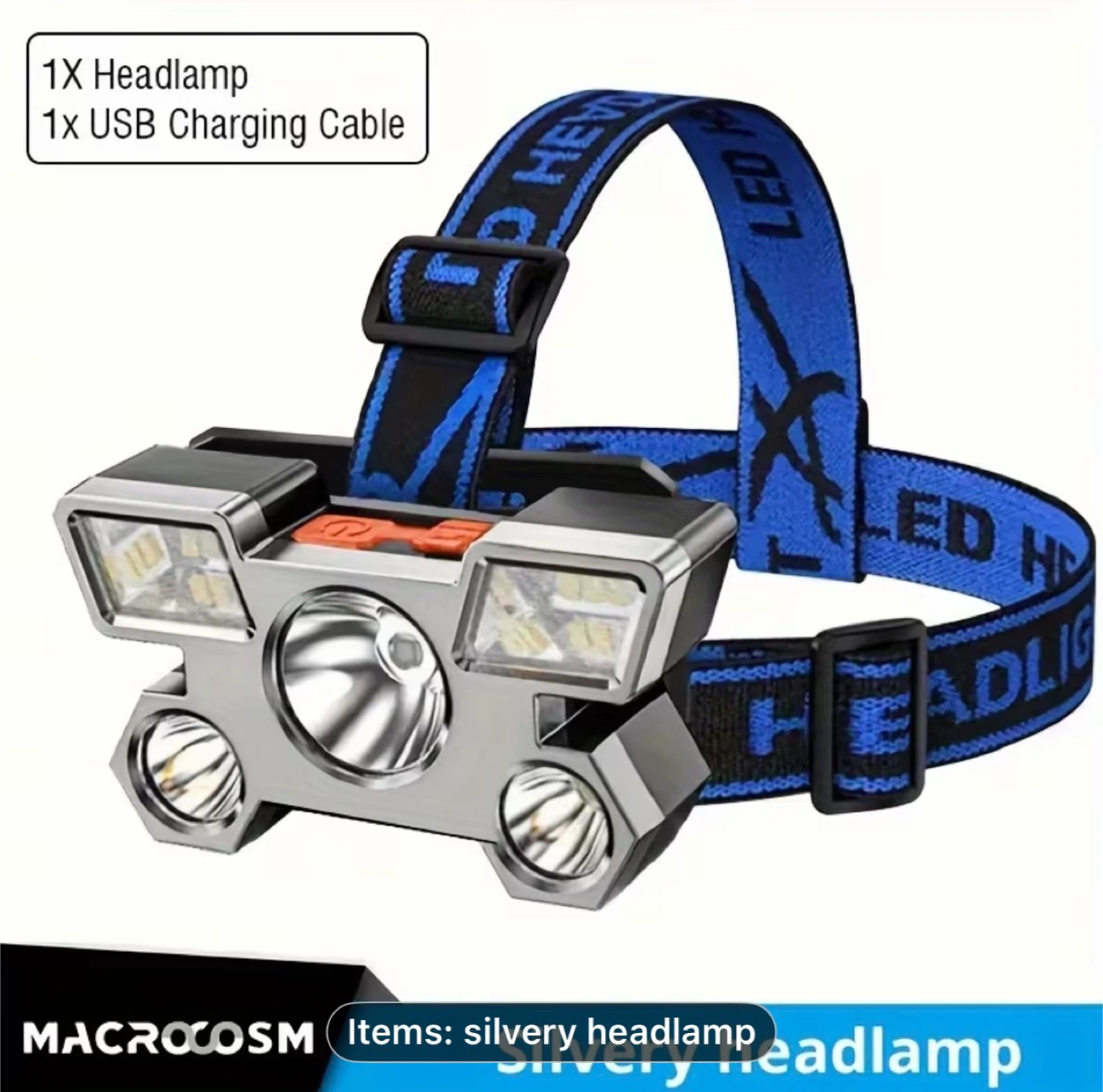 1pc 5 LED Headlamp, USB Rechargeable Ultra