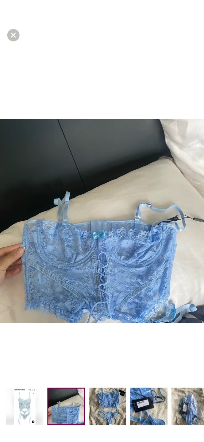 PrettyLittleThing Baby Blue Lace Trim Thong Set - photo 2