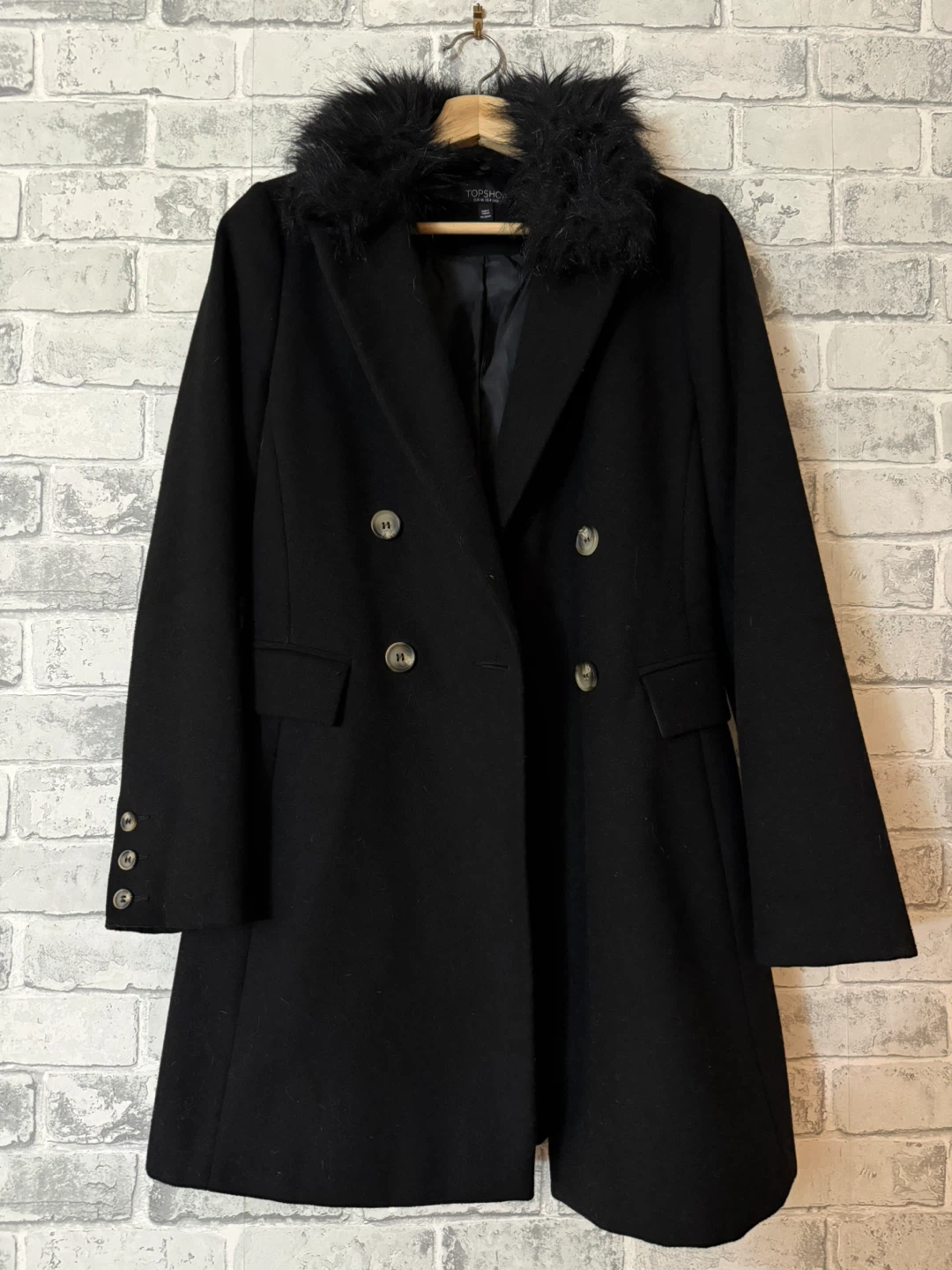 TOPSHOP Black Double-Breasted Coat with Faux Fur Collar - UK 8
