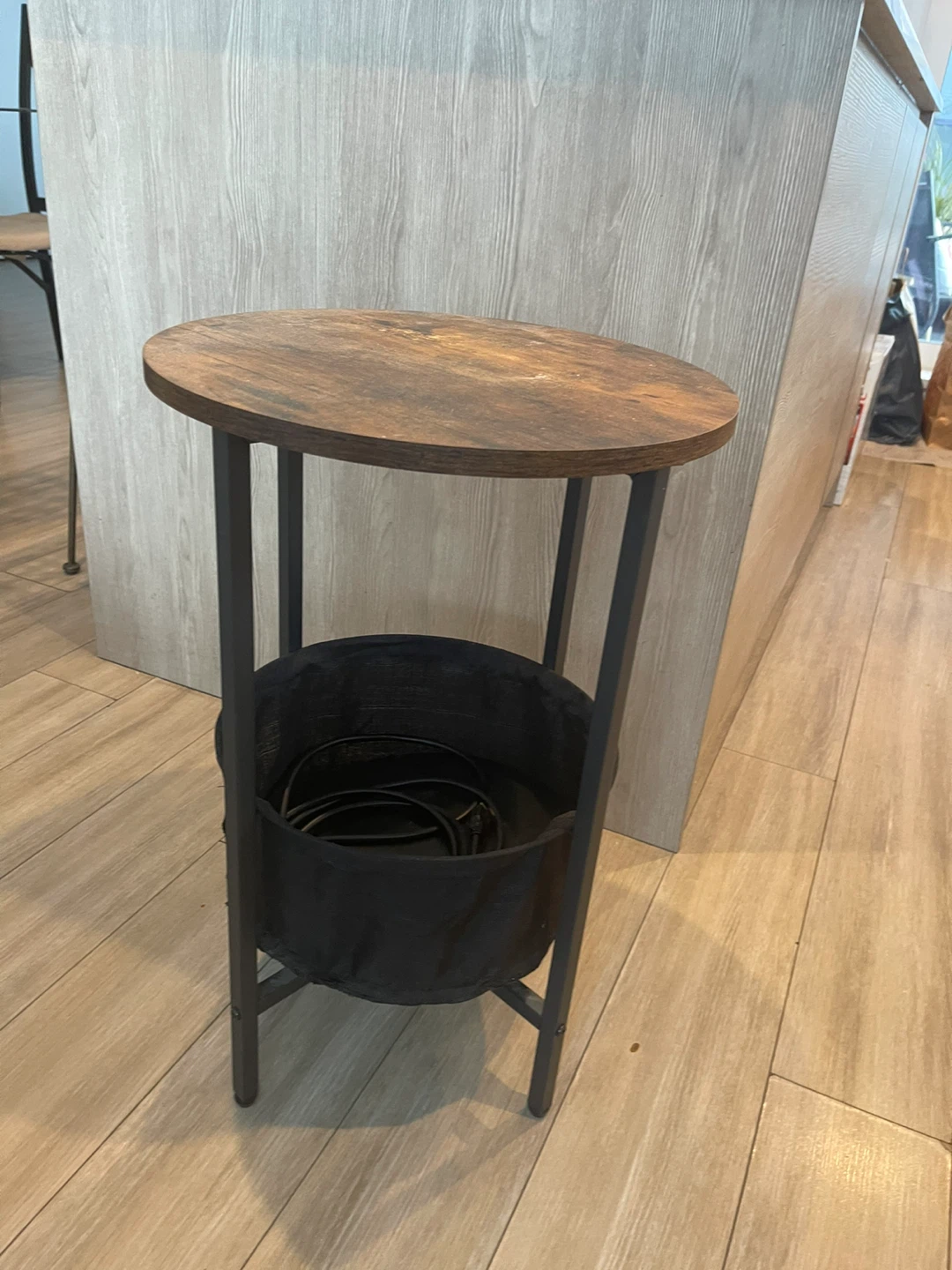 Round Accent Side Table with Black Storage Basket