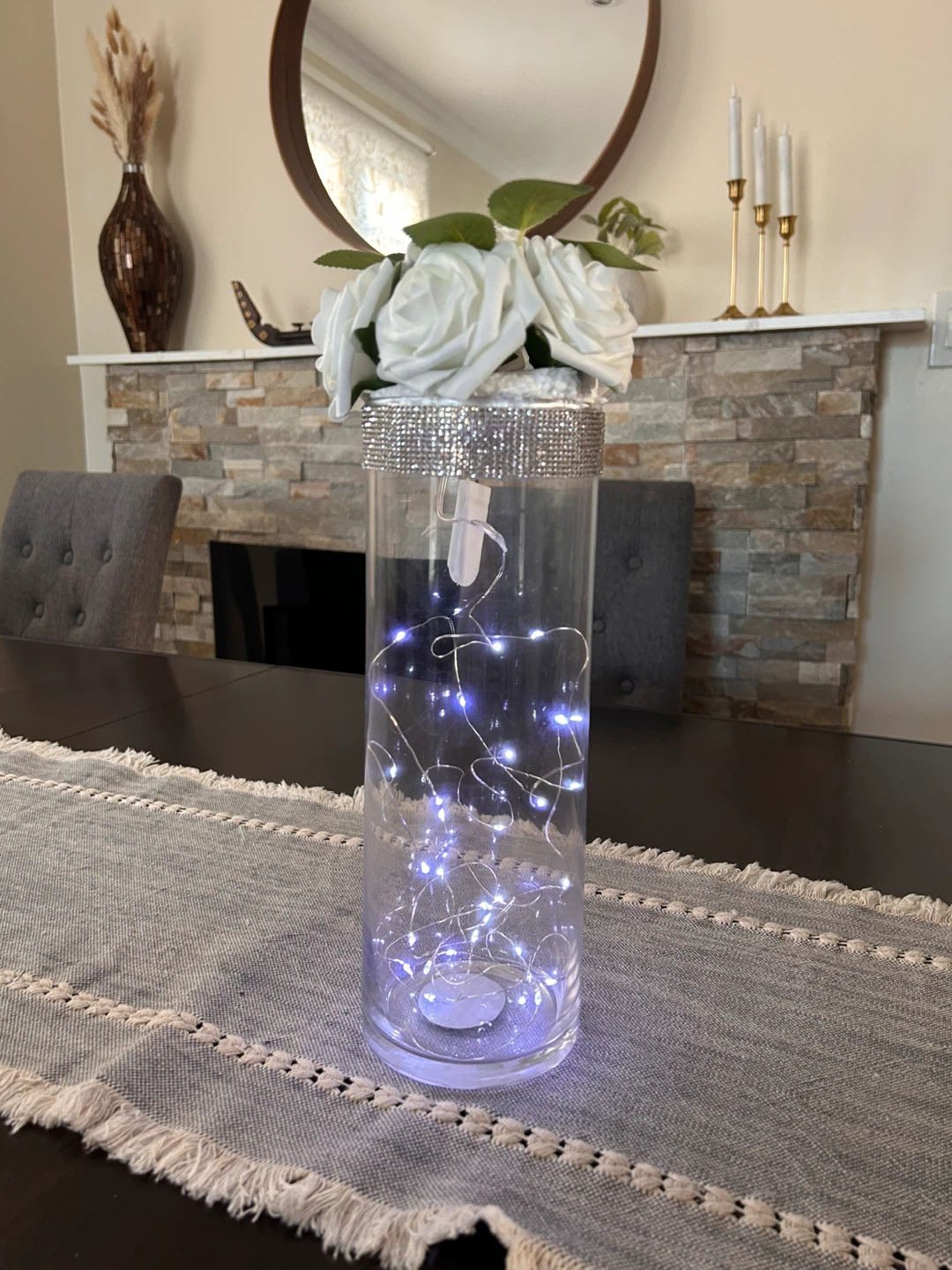 10 Glass Cylinder Vase with White Roses and LED Fairy Lights